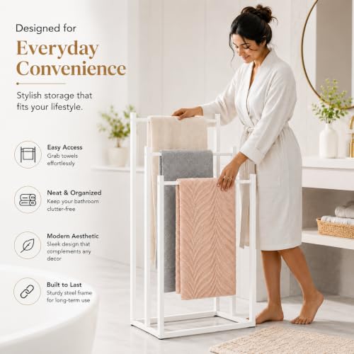 Image of Towel Rack Stand for Bathroom | 3-Tier Metal Towel Holder | Rust Resistant Powder-Coated Steel | Space Saving Towel Drying Stand for Bath Towels, Hand Towels & Blankets | White