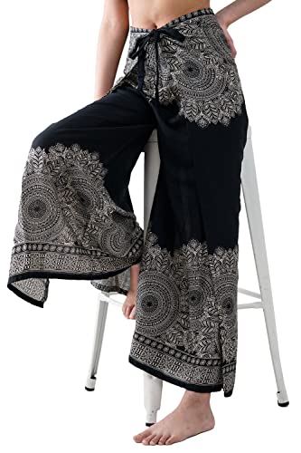 B BANGKOK PANTS Women's Boho Palazzo Pants Wide Leg Yoga Wrap Tie Up Waist