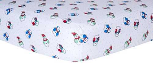 Snowman Deluxe Flannel Fitted Crib Sheet - Snowman Scatter Print Cotton Flannel, Blue, Red, Green and White, Fully Elasticized, 10 in Deep Pockets, Fits Standard Crib Mattress 28 in x 52 in