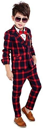 Boy 4 Pieces Plaid Formal Suit Set,Vest+Pants+Blazer+Bow Tie (8, Red)