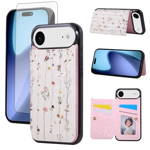 Coque iPhone 17 Air Asuwish avec portefeuille en cuir PU fleur et verre trempé