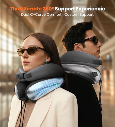 Image of Neck Pillow for Traveling, Travel Pillows for Airplanes, Adjustable Neck Pillow Airplane Travel Essentials - 2 Layer Patented | Inflatable Air Loop & Memory Foam for 360 Ergonomic Support