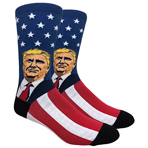 FineFit Men's Novelty Fun Crew Socks for Dress or Casual - President Trump, American Eagle, American Flag (Trump)