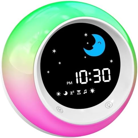 Kinderwecker, Schlaftrainer Kinder mit 9 Nachtlichtern | Soundmaschine, Snooze und Timer, Digitaler Wecker Kinder für Jungen und Mädchen