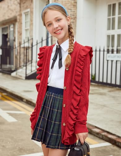 Image of Arshiner Girls Cardigan Sweaters Ruffle School Uniform Sweater V Neck Button Front Outerwear 4-13 Years