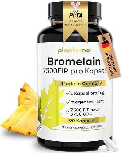 Bromelain Hochdosiert mit 7500 FIP/Kapsel - 90 Bromelain Kapseln Ananas Enzym - 750mg Ananas Kapseln - Enzymaktivität von 10.000 FIP/g - 3 Monatsvorrat Made in Germany