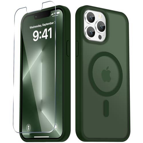 Image of YENAPOON for iPhone 13 Pro Max Case, Matte Magnetic Phone Cover [with 1 Screen Protector] [Support for MagSafe] [Shockproof Military Grade Protection] Translucent Frosted Back, Sage Green