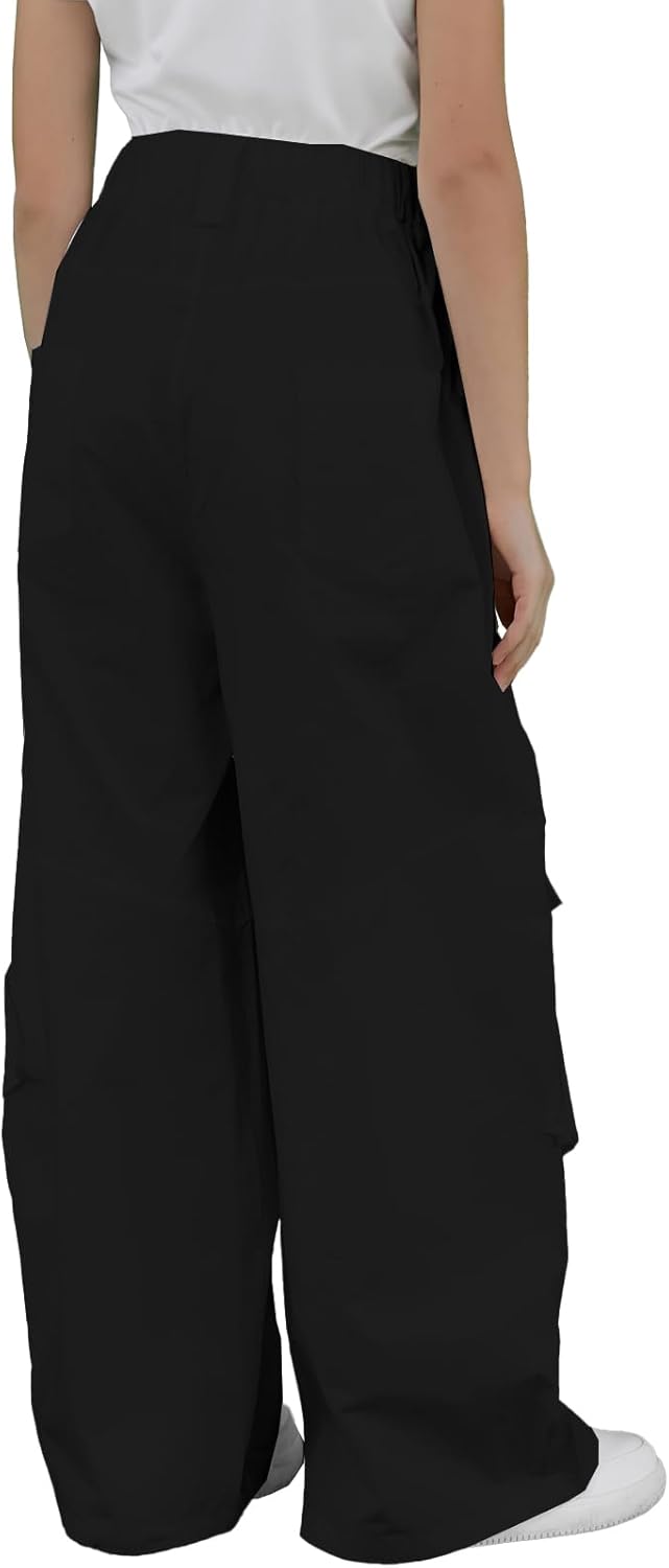 Cromoncent Girls' Cotton Baggy Cargo Pants Multi Pockets Y2K Pants with Two Zippers, Black, 7-8 Years = Tag 140