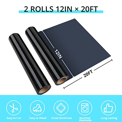 Image of HTVRONT Black Heat Transfer Vinyl Rolls - 2 Rolls 12 inch x 20ft Black Iron on Vinyl for Shirts, HTV for All Cutting Machines - Easy to Cut & Weed for Craft Heat Transfer Design