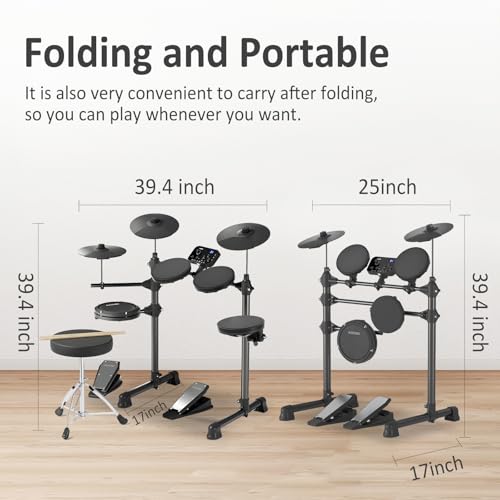 AODSK Electric Drum Set for Beginner Kids with 150 Sounds,4 Quiet Drum Pads,2 Pedal,Throne,Sticks,Electronic Drum with Headphone,AED-400