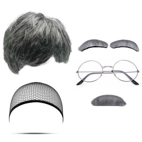 MIVAIUN 6 Stück Opa Kostüm Set Grau Perücke Herren Schnurrbart zum Ankleben Augenbrauen Perückenkappe Brille Alter Mann Herren Perücke Bart Kostüm für Halloween Weihnachten Cosplay Party (Grau)