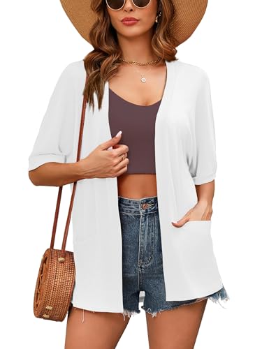 Image of Women's Lightweight Open Front Cardigans Short Sleeve Casual Soft Sheer Cardigan S-2XL with Pockets