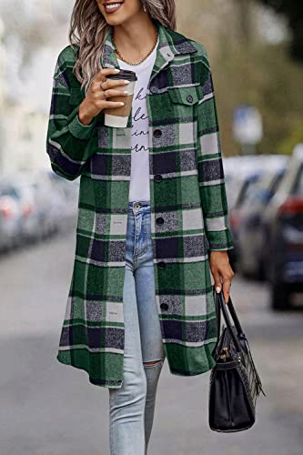 Prettygarden Women's Plaid Shacket 2023 Long Sleeve Button Up Flannel Shirt Winter Tartan Jacket Woolen Coats (Dark Green,X-Large) #TOP1