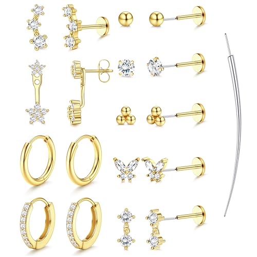 BESTEEL Threadless Flat Back Earrings Hypoallergenic - 9 Pairs 316L Surgical Steel Push in CZ Studs & Hoops Set for Women Men 14K Gold Plated Cartilage Tragus Helix Nose Piercing Jewelry 16G 18G