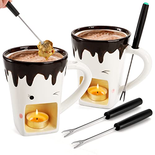 Dicunoy Set Of 2 Fondue Mugs With Forks, Ceramic Personal Chocolate Melting Cup For Cheese, Individual Ceramic Butter Warmers Pot, Tealight Candle Mini Simmer Mug For Caramel, Tapas #TOP25