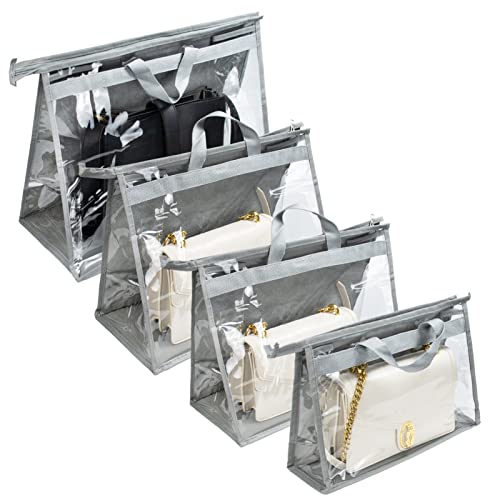 EsLuker.ly 4 Stück Handtasche Staubschutz, 4 Größen Transparent Handtaschen Aufbewahrung Organizer| Aufbewahrungstasche für hängenden Schrank| Staubschutzbeutel mit Reißverschluss und Griff (Grau) Cover