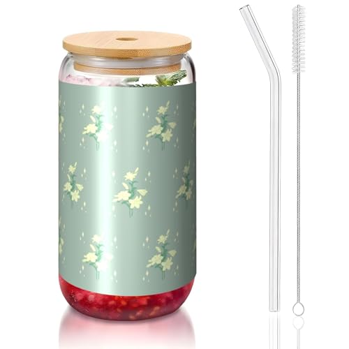PEGQCVAM Cartoon White Lilies 16 Oz Bamboo Lid And Straw Cup. Bpa Free. Reusable Drinking Cup With Bamboo Lid And Glass Straw For Hot Or Cold Drinks.