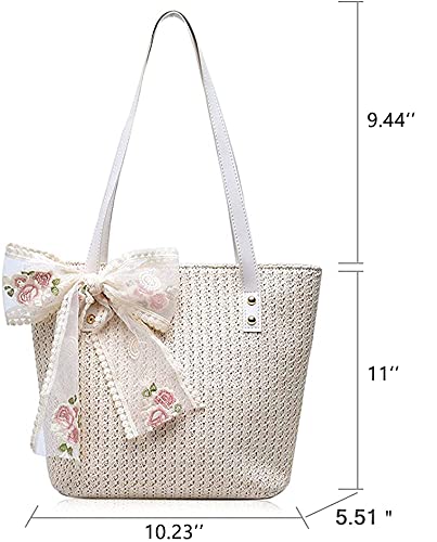 Women Large Straw Beach Tote Bag Summer Hand-woven Bags Shoulder Bag Leather Handle Beach Handbags with Cute Lace Bow Small (White)2