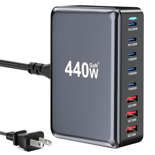 440W Fast USB C GAN Charger Block 8 Port Charging Station HUB Brick Dual PD PPS 100W Wall Charger Compatible with MacBook Pro/Air/All, iPad, iPhone 17/16/15/14/Pro Max, Android Devices etc