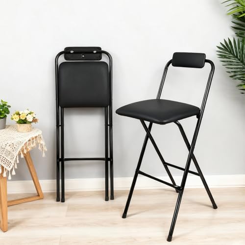 FATOLRD Folding Bar Stool with Back, 1PCS Tall Foldable Stool Chair Portable Collapsible for Adult Stools Counter Height Seat Leather Padded Kitchen Shop Comfortable Sturdy 29.5 Inch