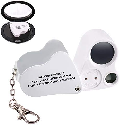 Jiusion Portable Lighted LED Illuminated Jewelry Magnifier 30X 60X Wearable Handheld Dual Lens Eye Loupe Magnifying Glasses Micro Microscope with Keychain and Lanyard