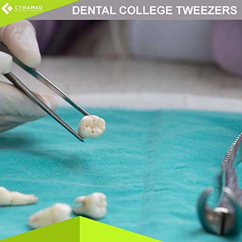 Cynamed Premium Dental College Tweezer Tools-Stainless Steel with Curved Serrated Tip Multipurpose Forceps for Oral Care Denture Teeth Cleaning (10 Pack)