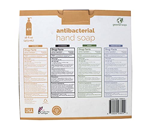 Image of Greenerways Antibacterial Hand Soap | Made in USA | Citrus, Lavender, Mint & Unscented 4Pack | Sulfate-Free, Paraben-Free, Cruelty-Free, Vegan Hand Wash | 16 Fl Oz