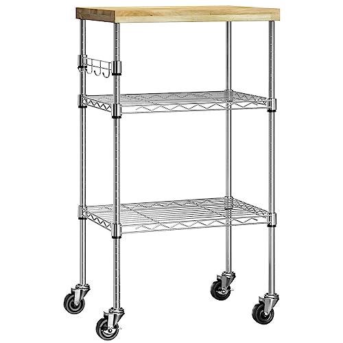 Auslar 3 Tier Rolling Cart With Wheels, Kitchen Storage Shelves Microwave Cart With Adjustable Wire Shelves Hanging Hooks & Wood Tabletop For Kitchen, Bathroom, Living Room, Bar, Office, Chrome #TOP10