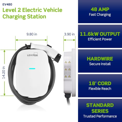 Image of Leviton Level 2 EV Charger, 48 Amp, 208 /240 VAC, 11.6 kW Output, 18' Charging Cable, Indoor /Outdoor Hardwired EV Charging Station, EV480 EVSE, White-Black