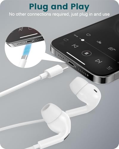 YABABU USB C Headphones,In Ear Type C Wired Earphones for iPhone 15 ProMax 15 Pro Plus,HiFi Stereo Noise Cancellation Earbuds with Mic&Volume Control for iPad Pro/Air/Mini, Galaxy,Huawei,Google