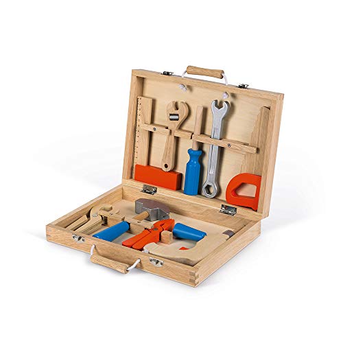 Janod - Brico'Kids - Caja de Herramientas y Herramientas de Madera, Juguete de Imitación, 9 Accesorios Incluidos - Desde Los 3 Años, J06481