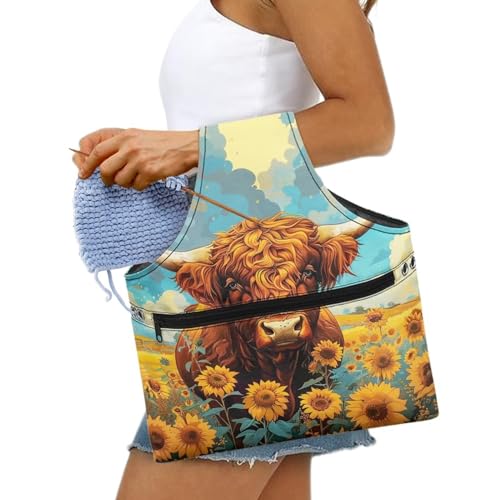 Image of Highland Cow Yarn Bag with Crochet Organziers and Storage Sunflower Knitting Wrist Bag Holding Knitting Needles,Large