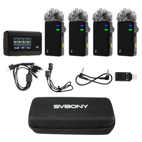 Image of SVBONY D4 4-Person Wireless Lavalier Microphones Systems for Group Videos | Compatible with iPhone, Android, Camera, 2-Level Noise Reduction, 656ft Range, Smart Display, Magnetic Mount,Safety Track