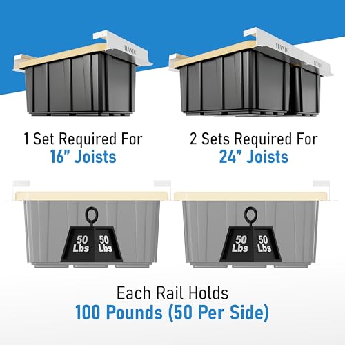 Image of USA Based Overhead Garage Storage Rack, Connectable Heavy Duty Metal Ceiling Rails Garage Storage Organization Shelving System, Hanging Racks Tote Containers, Supports Up To 3 Bins, 2 Sets White
