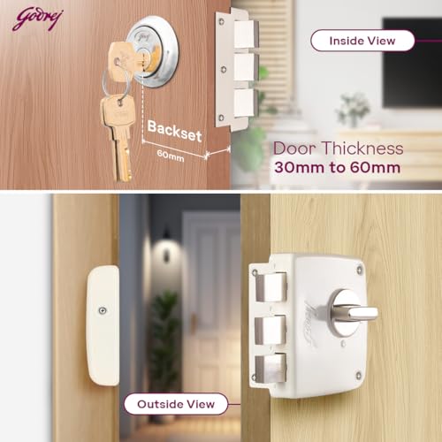 Image of Godrej Rim Lock I Tribolt Compact 1CK Door Lock | Triple Bolt Lock for Wooden Door | 3 Reversible Keys | Puller Ring Anti-Lockout |21mm Latchbolt 60mm Backset I 5 Year Warranty | Cool Ivory