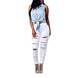 VICVIK High Waist Women Knee Skinny Denim Distressed Ripped Boyfriend Jeans (XL, White