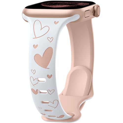 Lerobo Slim Thin Two-Tone Compatible with Apple Watch Band 40mm 38mm 41mm 42mm 44mm 45mm 46mm 49mm for Women- Soft Cute Flower/Heart Engraved Sport Band for iWatch Series 11 10 9 8 7 6 5 4 3