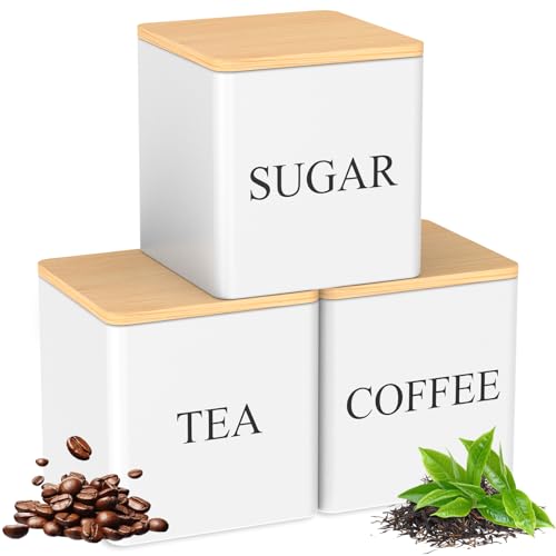 shaojian Juego de 3 botes de azúcar para café, té, azúcar, 500 ml, de metal negro, con tapa hermética de bambú y marcador de nombre, recipiente de almacenamiento de alimentos de cocina de diseño