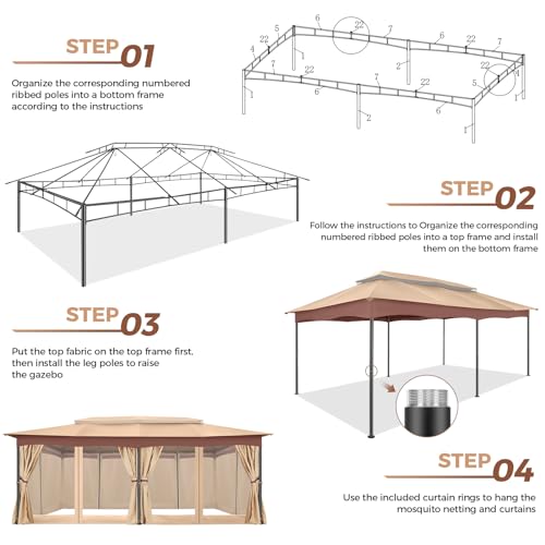 COBIZI Gazebo 12x20 Heavy Duty Gazebos with Curtain and Netting Outdoor Gazebo Canopy Double Roof Patio Gazebos with Metal Steel Frame for Patio, Deck, Backyard-Khaki