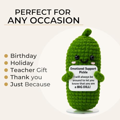 Image of Emotional Support Pickle Plush with Stand, Positive Pickle Crochet Gift, Funny Stuffed Pickle, Handmade Encouragement Desk Decor, Cute Support Gift for Friends Coworkers Mom