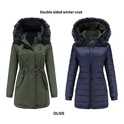 Sinpiling Women's Winter Coat Thicken Military Parka Jacket Warm Fleece Double Sided Outerwear With Fur Hood And Pockets Army Green #TOP1