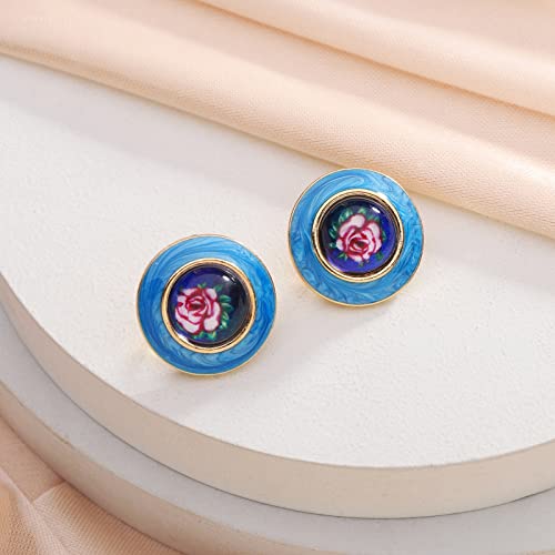 Blue Enamel Clip On Earrings 14K Gold Plated Cute Small Double Round Hoop Fake Earrings, Lightweight Flower Earrings Without Piercing For Women Girls Trendy #TOP6