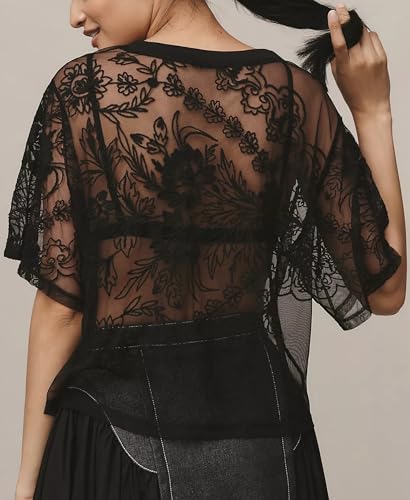 Aimiray Women's Sexy Mesh Tops Short Sleeve Round Neck Lace Printed Floral Sheer Blouse See Through Layering Shirt Tops2
