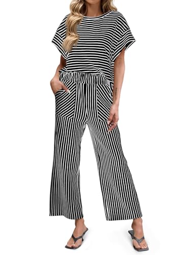 Image of Tankaneo Womens Striped 2 Piece Sets Short Sleeve T Shirts Wide Leg Pants Matching Lounge Set with Pockets