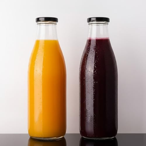 Image of Glassbunny Glass Milk Bottle with Airtight Black Metal Lid - 1 Liter Reusable Glass Beverage Jar for Fridge, Fresh Juice, Smoothies & Water Storage - BPA-Free & Eco-Friendly 2PC