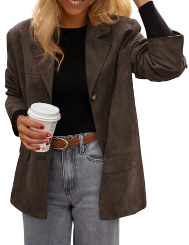 PRETTYGARDEN Blazers for Women Western Fall Faux Suede Jacket Dark Brown | Oversized Business Casual Suit Jacket, Long Sleeve Notched Lapel Button Front Dressy Coat for Office Work, Going Out