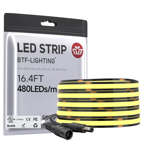 Image of BTF-LIGHTING FCOB COB LED Strip Light Natural White 4000K, UL Listed DC12V 16.4FT High Density Uniform Light, CRI90+ 8mm Width Black PCB Tape Light for Home DIY Lighting(No Adapter or Controller)
