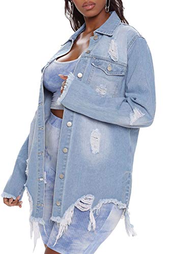 Women Denim Shirt Dresses Long Sleeve Distressed Jean Jacket Button Down Casual Tunic Top