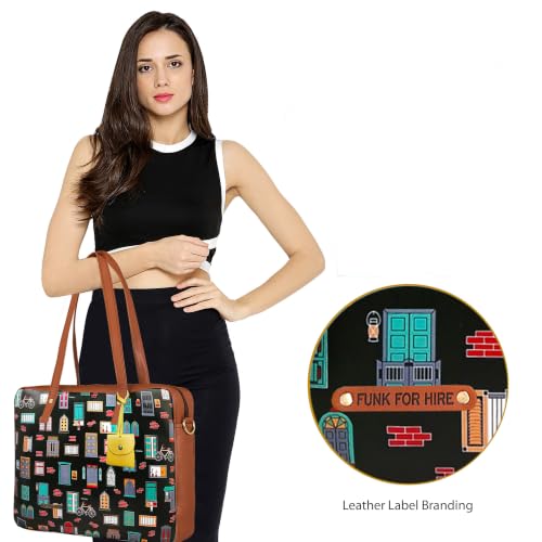 Image of Funk For Hire Women's Black and Brown Printed Faux Leather 15.6 inch Laptop Handbag Sling with Waterproof Nylon Lining Cushioned Sleeve Adjustable Padded Strap Organizer