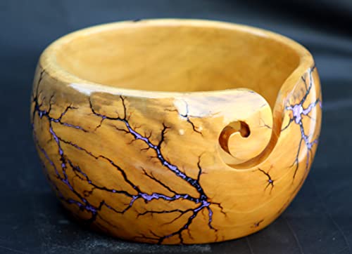 Image of Lichtenberg Figure Yarn Bowl - Handmade Wooden Yarn Bowl for Knitting Yarn Ball Holder - Yarn Bowls with Holes Crochet Bowl Holder - Yarn Storage Bowl 7 inch x 4 inch inches (Sky-Blue-A)